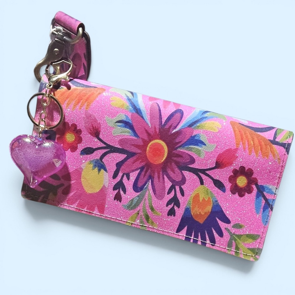 Keep It Gypsy Pink Floral Glitter‎ Leather Wristlet Wallet Heart Charm Boho